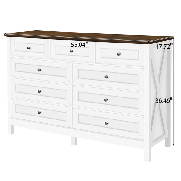 English Elm Wood Rustic Storage Dresser with 9 Drawers, Silver Handles and X Side Accents for Stylish Storage White N709P288888K
