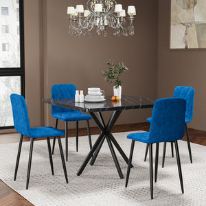 English Elm Square MDF Dining Set for 4 with Faux Marble Top, Mid-Century Modern Iron Legs, Easy-Clean Surface Black+Blue W578S00025