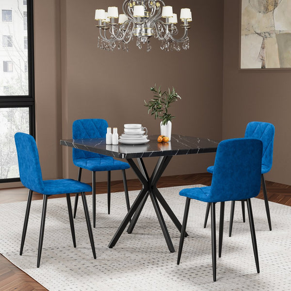 English Elm Square MDF Dining Set for 4 with Faux Marble Top, Mid-Century Modern Iron Legs, Easy-Clean Surface Black+Blue W578S00025