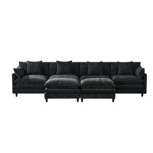 English Elm 140.9-inch U-shaped Modular Sectional Sofa with Ottomans Chenille Cloud Cushions Black W288S00030