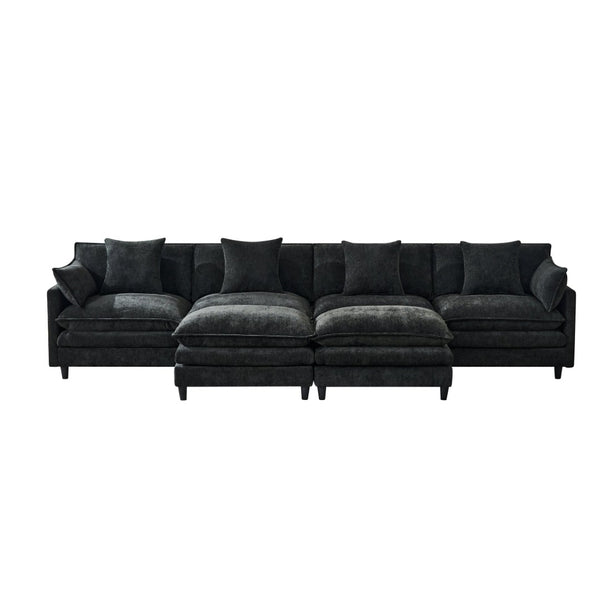 English Elm 140.9-inch U-shaped Modular Sectional Sofa with Ottomans Chenille Cloud Cushions Black W288S00030