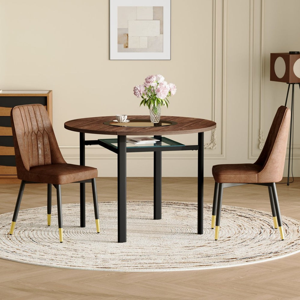 English Elm Table and Chair Set 42 Inch Round Wood Grain Top with Glass Inlay Modern Dining W1151S04491