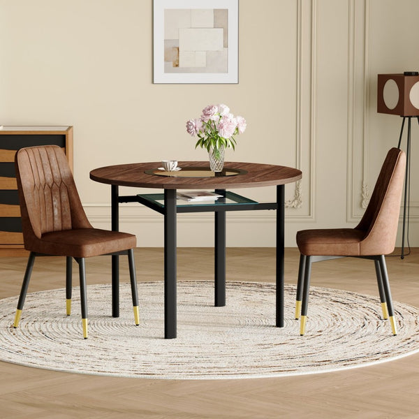 English Elm Table and Chair Set 42 Inch Round Wood Grain Top with Glass Inlay Modern Dining W1151S04491