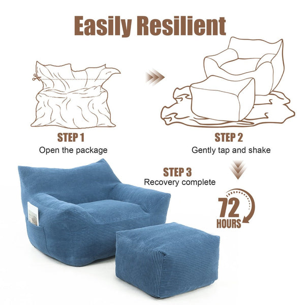 English Elm Bean Bag Chair with Armrests Shredded Foam Fill Oversized Lounge Seat for Adults Blue W5385P433246