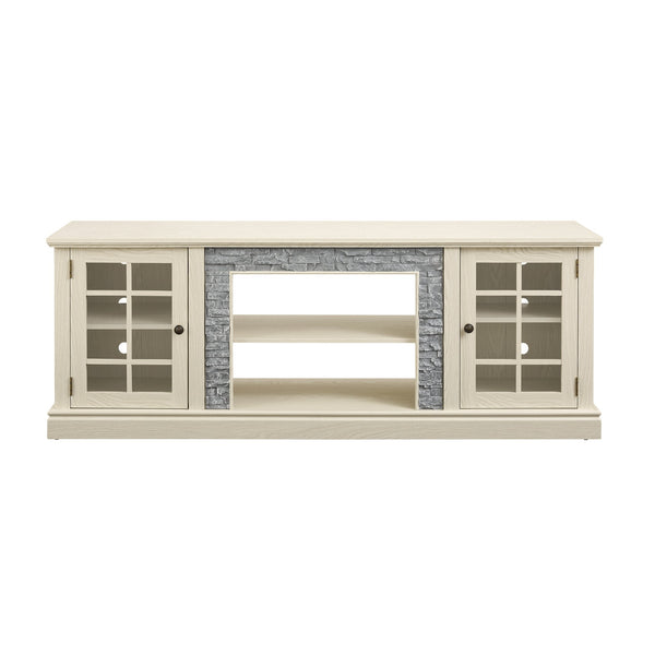 English Elm 70" Modern TV Stand with Faux Stone Top, Spacious 2-Door Media Console with Cable Management and Adjustable Shelves, Vintage Metal Handles, Durable MDF Construction for Living Room Entertainment (Fits up to 75") White W2275P342690