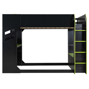 English Elm Full Size Loft Bed with Rgb Lighting Desk Drawers Hanging Rod Teen Bedroom Green LT000288AAF-1