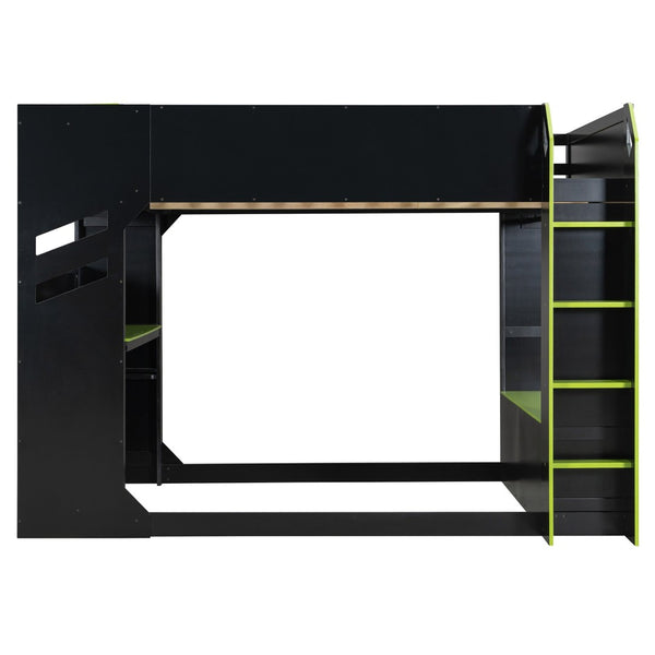 English Elm Full Size Loft Bed with Rgb Lighting Desk Drawers Hanging Rod Teen Bedroom Green LT000288AAF-1