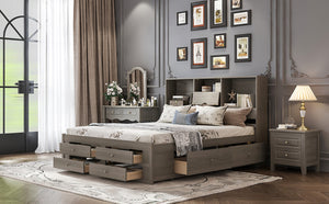 English Elm King Platform Bed with 8 Drawers Open Headboard Compartments and Pine Wood Frame Gray GX000454AAE-1