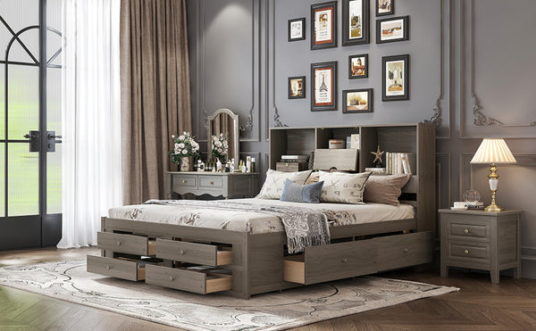English Elm King Platform Bed with 8 Drawers Open Headboard Compartments and Pine Wood Frame Gray GX000454AAE-1