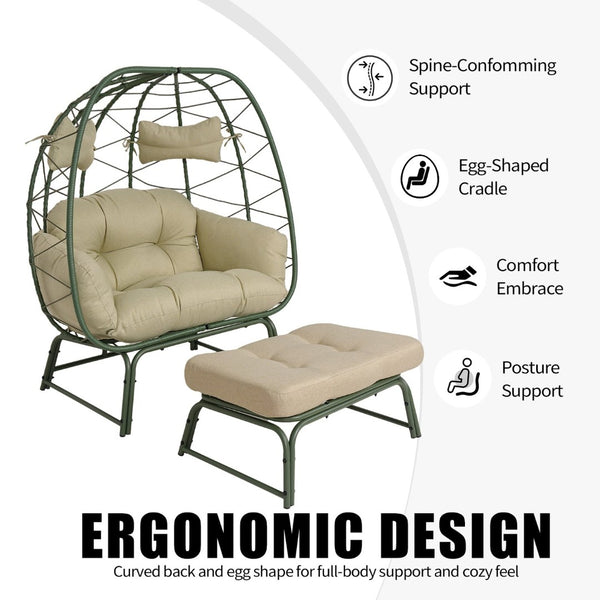 English Elm Double Egg Wicker Lounge Chair with Ottoman Bohemian Pe Rattan Outdoor Patio Seat T5880P501485