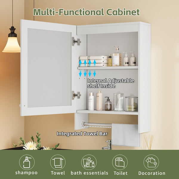 English Elm 3-in-1 Wall Medicine Cabinet with Soft Close Mirror Door Towel Bar and Adjustable Shelf N710P388096K