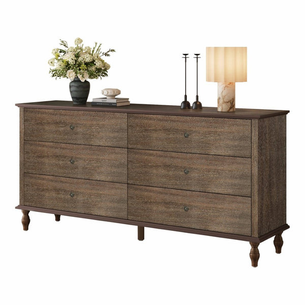 English Elm 6-drawer Wide Dresser Burnt Wood Grain Finish Copper Handles Roman Column Legs Bedroom Deep Rustic Brown W1445S00003