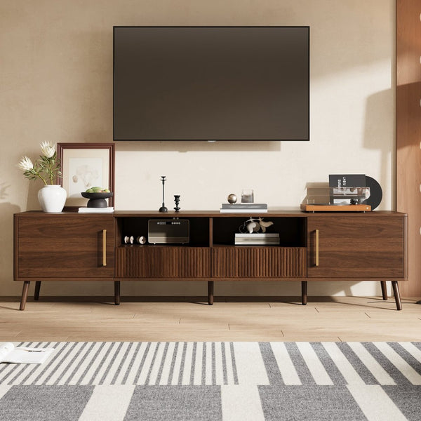 English Elm 78 Inch Walnut Entertainment Center Fluted Doors Solid Wood Legs for Living Room N710P372538P