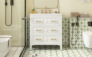 English Elm 30'' Bathroom Vanity with Ceramic Sink, Solid Wood Frame Retro Style Vanity with 3 Drawers & Gold Handles White N710P246209K