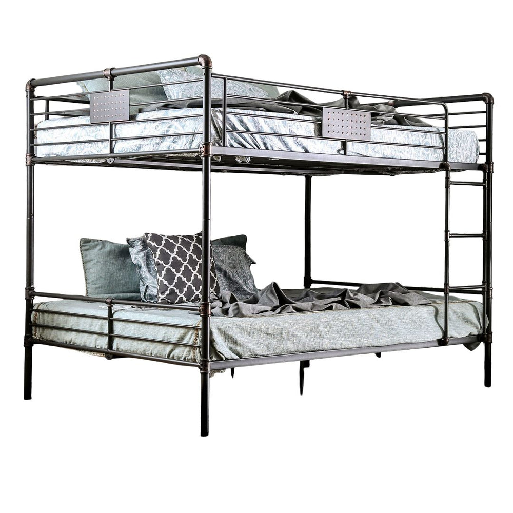 English Elm Queen Industrial Metal Bunk Bed with Pipe Frame, Built-In Slats & Ladder, Durable Retro Style 92" Antique Black 67 L x 41 W x 7 H B2741S00372