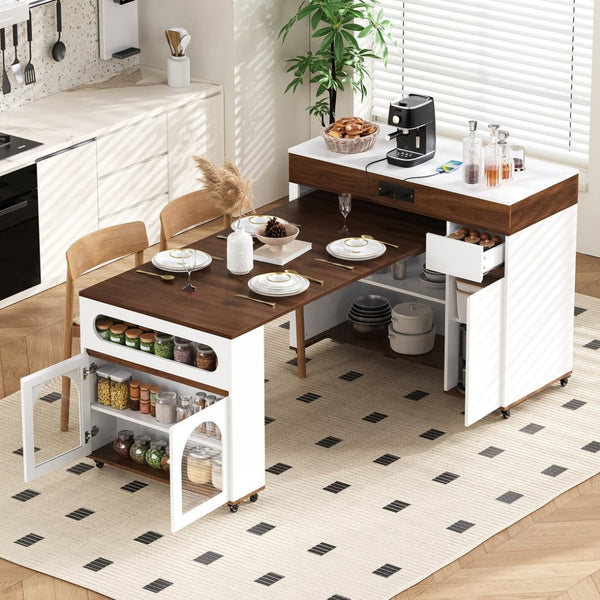 English Elm Trexm Rolling Kitchen Island Extendable Marble Top Cabinet Drawers Power Outlet Creamy White,Walnut XW000029AAD