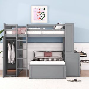 English Elm Full Twin Loft Bed with Desk Wardrobe Shelves Pine Wood Frame Kids Bedroom Gray LT000821AAE-1