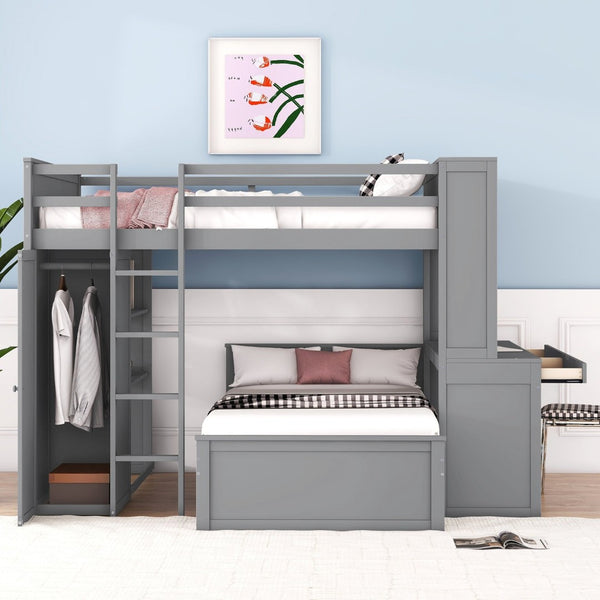 English Elm Full Twin Loft Bed with Desk Wardrobe Shelves Pine Wood Frame Kids Bedroom Gray LT000821AAE-1