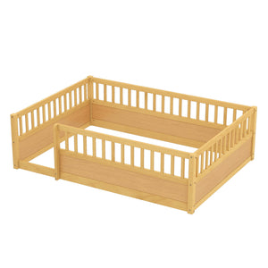 English Elm Full Montessori Floor Bed Frame with Fence for Kids — Pine Play & Reading Space, Sturdy Low Profile Natural W1580P307884
