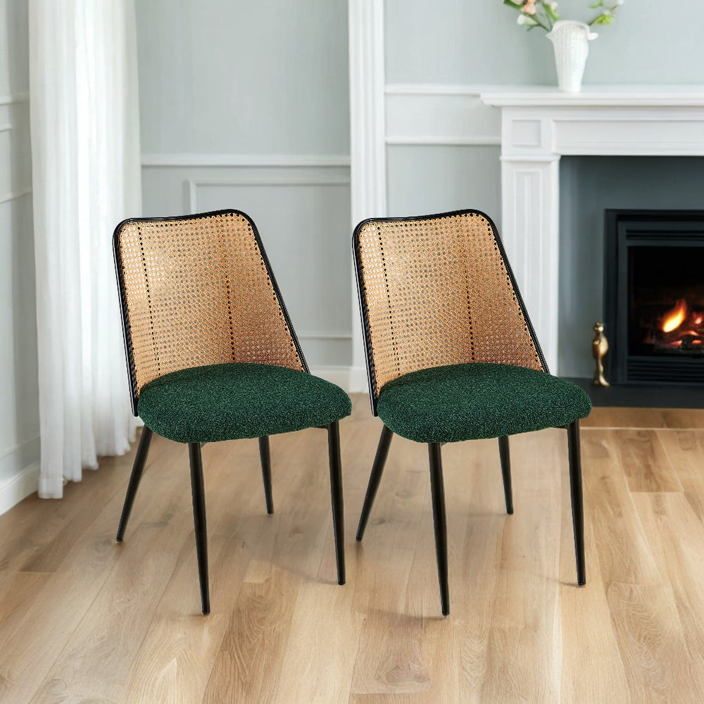 English Elm Green Rattan Dining Chairs Set Of 2 - Stylish Boucle Upholstered Seat With Natural Cane Backrest W1164P218678