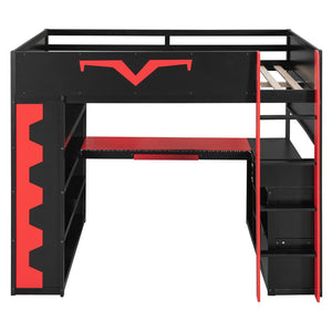 English Elm Full Size Gaming Loft Bed with Desk Rgb Lighting Power Outlet and Storage Drawer Red LT000285AAJ
