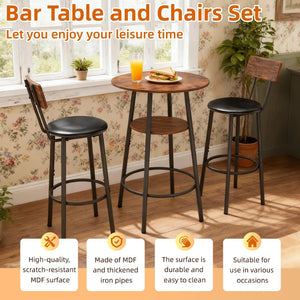 English Elm 3 Piece Bar Height Dining Set with Two Tier Storage and Pu Upholstered Stools Rustic W3204P428254
