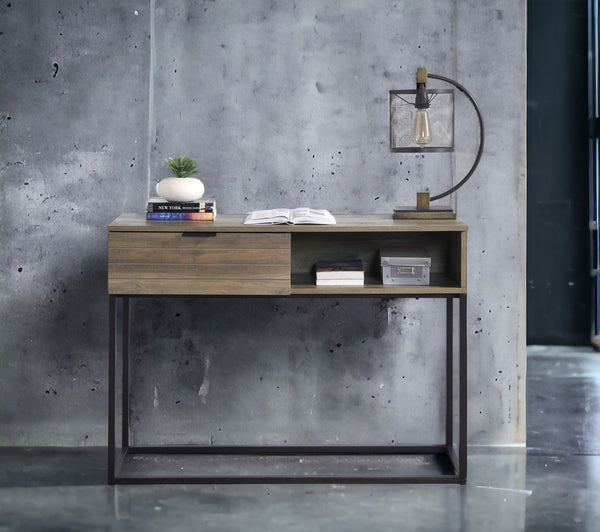 English Elm Galeno Rustic Oak Writing Desk with Black Metal Legs, Industrial Durable Composite Wood Storage﻿ B2726P243694