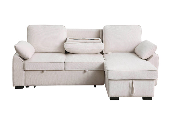 English Elm Mackenzie Chenille Fabric Reversible Sleeper Sectional with Storage Chaise, Drop-Down Console and USB Charging Ports Beige B061S00935