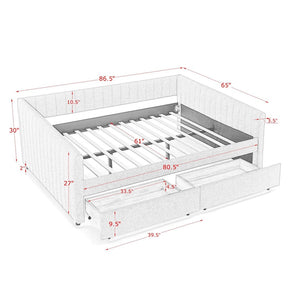 English Elm Queen Size Daybed With Trundle & Drawers – Stylish Grey Upholstered Sofa Bed For Guests & Storage W1413S00067-GIGA
