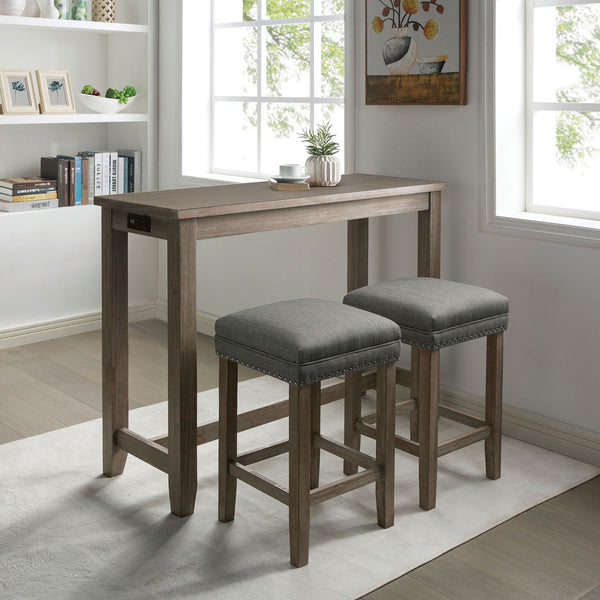 English Elm Transitional Counter Height 3pc Dining Set with USB Charging, Storage Shelves & Padded Seats Gray 53 L x 22 W x 12 H B2741P384392