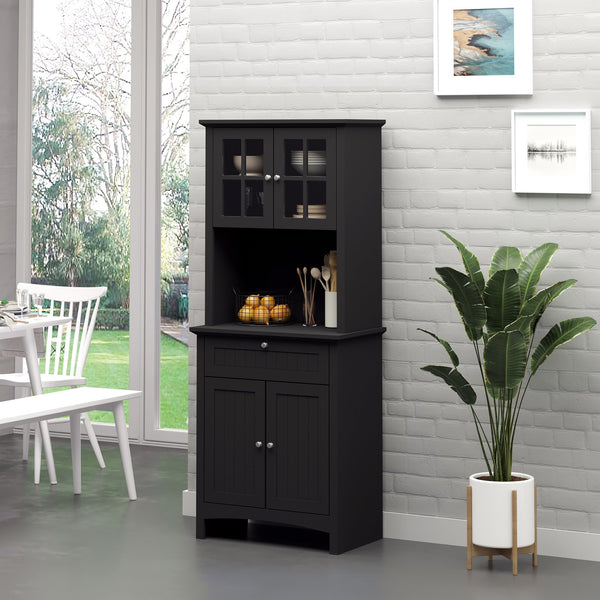 English Elm HOMCOM Elegant Kitchen Hutch Buffet with Adjustable Shelves, Framed Glass Doors, Microwave Nook, Black W2225P229572