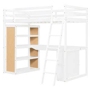 English Elm Twin Loft Bed with Built-in Desk Shelves and Drawer White Pine Study Zone LT100225AAK-1