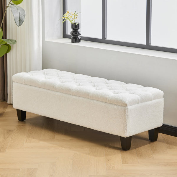 English Elm Christopher Knight Home® - Ottoman tufted storage bench with boucle cushion, diamond stitch elegance, soft-close lid, sturdy legs White N779P294331W