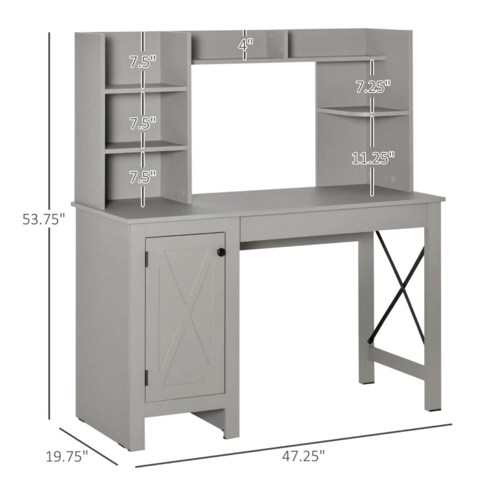 English Elm Home Office Hutch Desk with Barn Door Cabinet and Eight Open Shelves Farmhouse Style T3971P469348