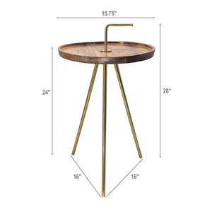 English Elm Acacia Mid-Century Side Table with Tripod Steel Legs, Solid Wood Top, Brown/Gold Accent, 16.9" W2078P394223