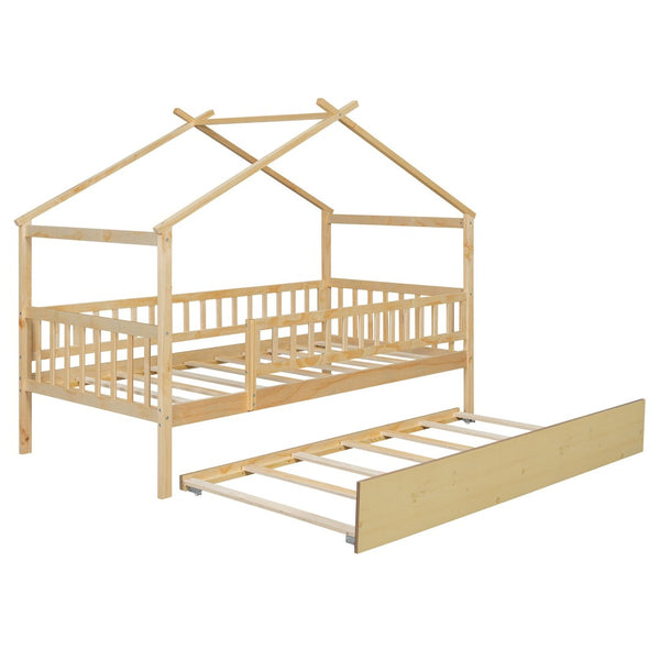 English Elm Twin House Bed with Trundle Solid Pine Frame Walnut Kids Bedroom Sleepover N708P357115N