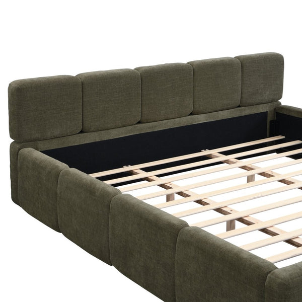 English Elm King Platform Bed Linen Upholstered Block Silhouette Solid Wood Frame Bedroom Anchor N757P385454D