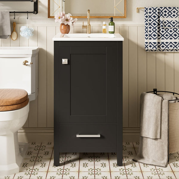 English Elm 18-Inch Modern Bathroom Vanity with Ceramic Sink, Soft-Close Doors, Divider Drawer & Adjusting Feet Black N729P334854B