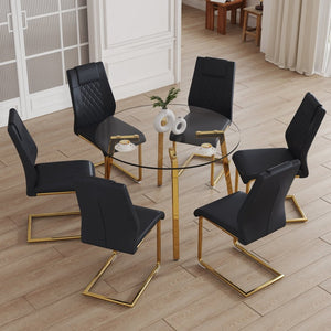 English Elm Table Set - Modern Minimalist Round Clear Glass Table With Black Pu Leather Chairs & Gold Legs W1151S01714-GIGA