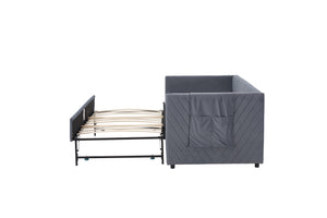 English Elm Twin Velvet Upholstered Daybed with Trundle, V-Pattern Backrest, USB Port, Side Pockets, Sturdy Design Grey W1361S00040