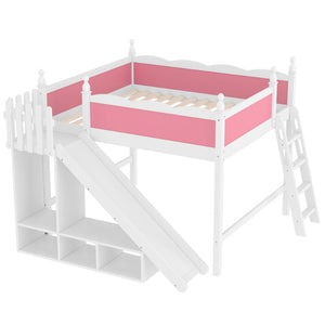 English Elm Queen Loft Bed With Fun Slide, Storage Shelves, Solid Wood Construction, Pink & White Finish, Easy Assemble W1580S00248-GIGA