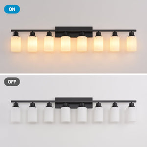 English Elm Wall Vanity Light Eight Bulb Matte Black Metal Glass Shade Modern Bathroom Fixture W5008P389870