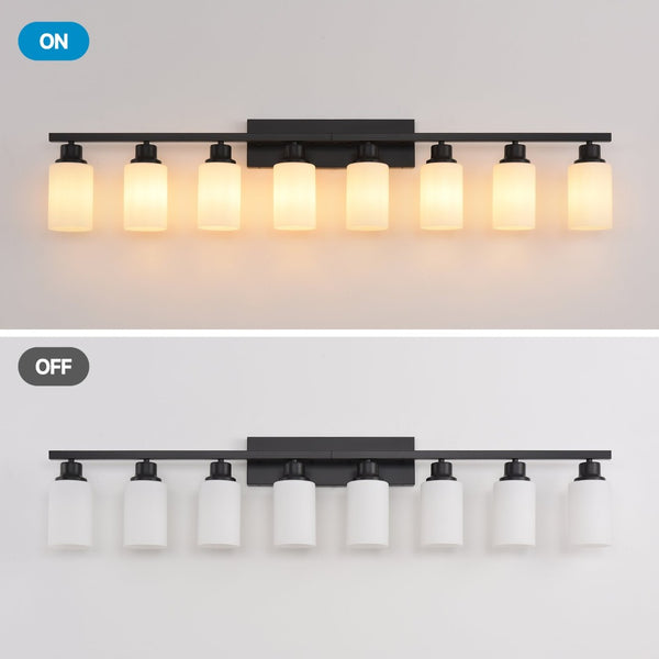 English Elm Wall Vanity Light Eight Bulb Matte Black Metal Glass Shade Modern Bathroom Fixture W5008P389870