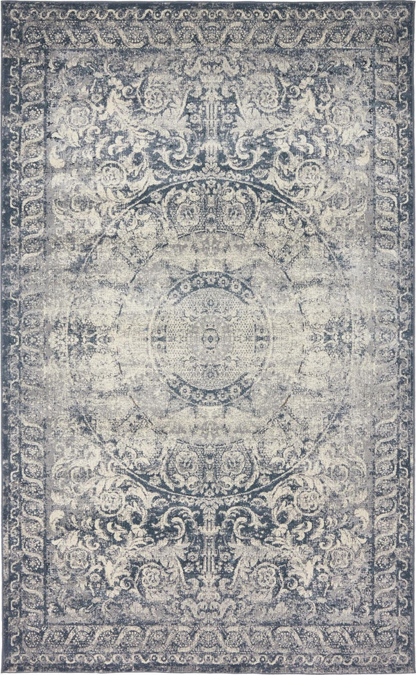 Unique Loom Chateau Grant Machine Made Border Rug Dark Blue, Gray/Ivory 5' 1" x 8' 0"