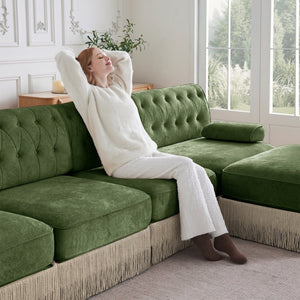 English Elm 135" Modular Chesterfield Sectional Sofa Velvet Tufted Tassel Skirt Lounge Seating Green W714S01710