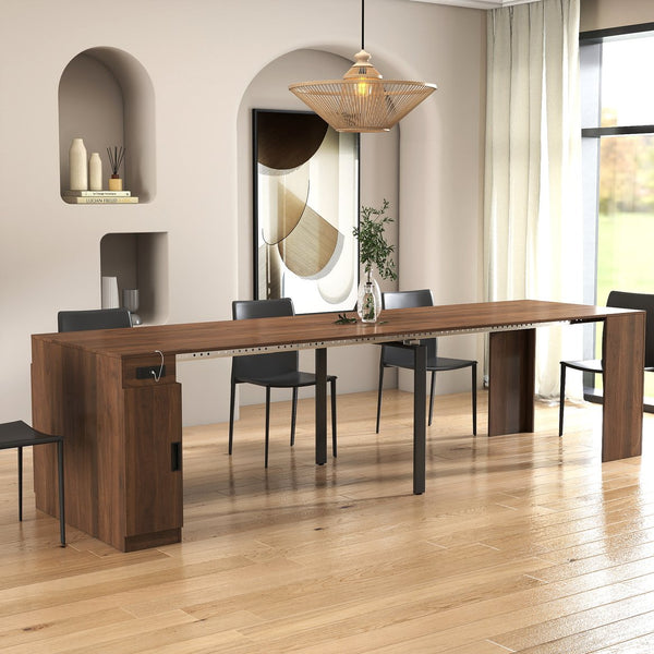 English Elm Modern Expandable Dining Table with Built-In Outlet, 5-Panel Extendable Space-Saving Design for Gatherings Walnut W331S00191