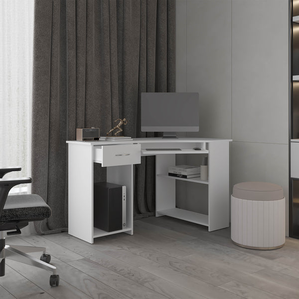 English Elm Corner Corner Desk 29.5" H White with 2 Drawers, 3 Shelves — Space-Saving Engineered Wood Office Unit B097P395914