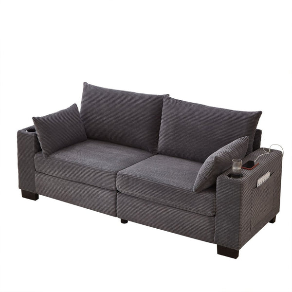English Elm 78"corduroy Plush Three Seat Sofa with Usb Ports Cup Holders Deep Cushions Apartment Gray W3705P455918