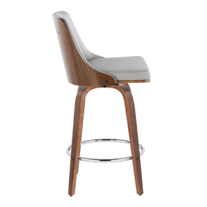 English Elm Gianna Mid-Century 26" Counter Stools Set of 2 - Swivel Grey Faux Leather, Walnut Back & Chrome Footrest B202S00303