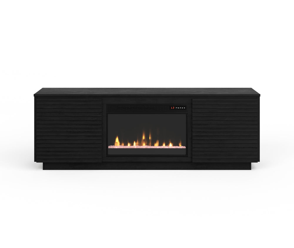 English Elm 73 Inch Fireplace TV Stand for TVs up to 85" Black Finish — Poplar & Okume Veneer Console w/ Fireplace, Storage, Remote Control, Cable Management (Fits 400 sq ft) B108P255362